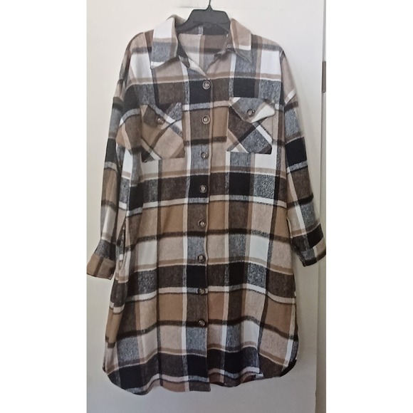 Women's Plaid Button Down Shacket – Size‎ M | Brown Black White Flannel Rustic - Picture 2 of 10